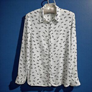 Zara bow print white button down blouse